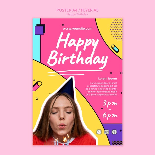 Modelo de cartaz de festa de aniversário de design plano