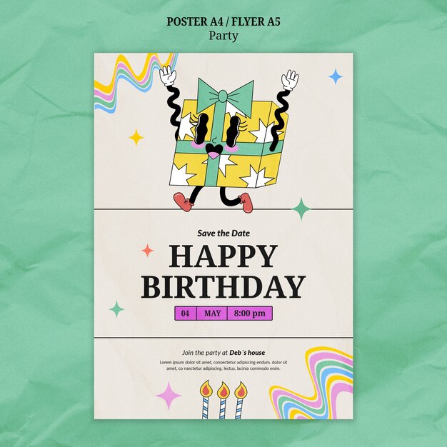 Modelo de cartaz de festa de aniversário desenhado à mão
