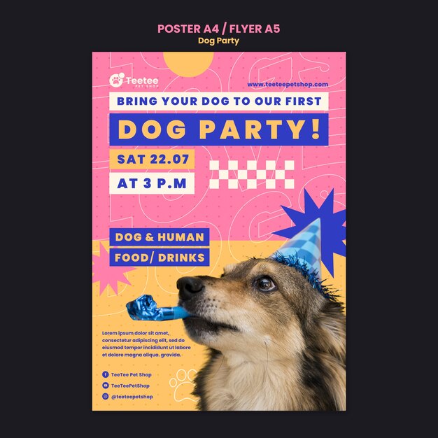 Modelo de cartaz de festa de cachorro de design plano