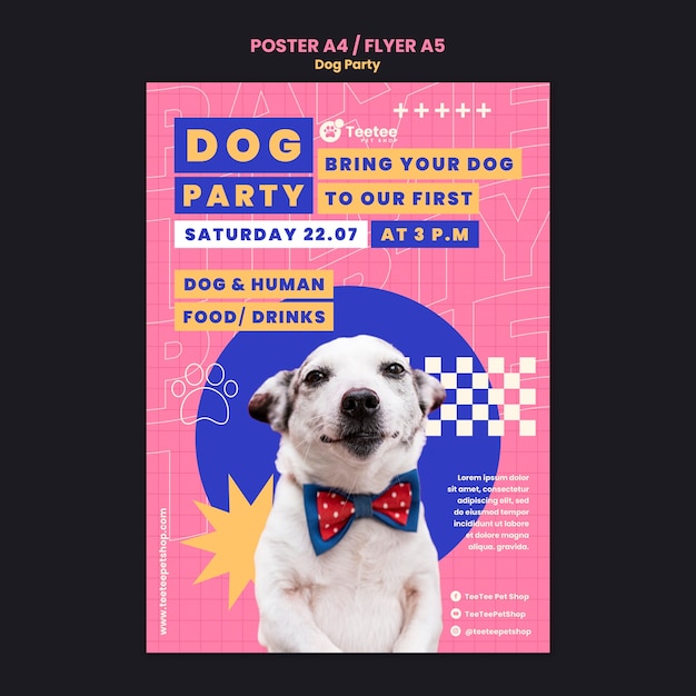Modelo de cartaz de festa de cachorro de design plano