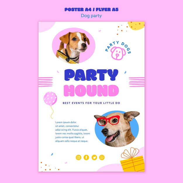 Modelo de cartaz de festa de cachorro de design plano