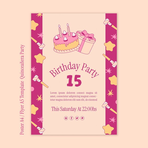 Modelo de cartaz de festa de quinceañera de design plano