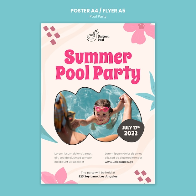 PSD grátis modelo de cartaz de festa na piscina de design plano