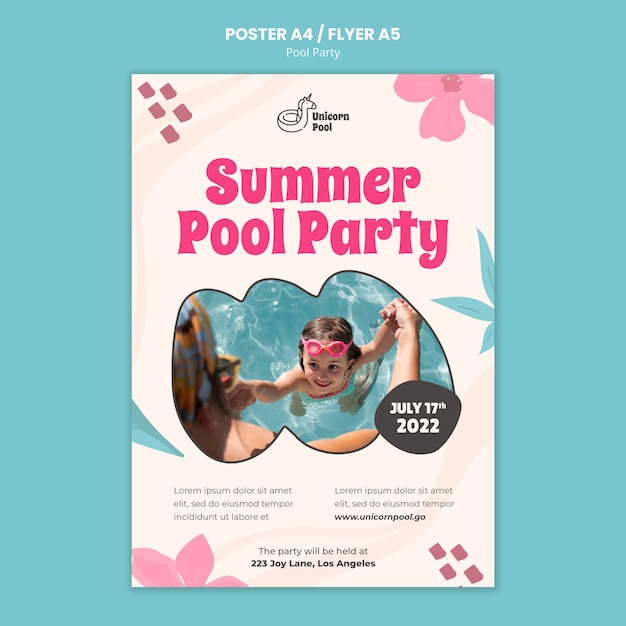 Modelo de cartaz de festa na piscina de design plano