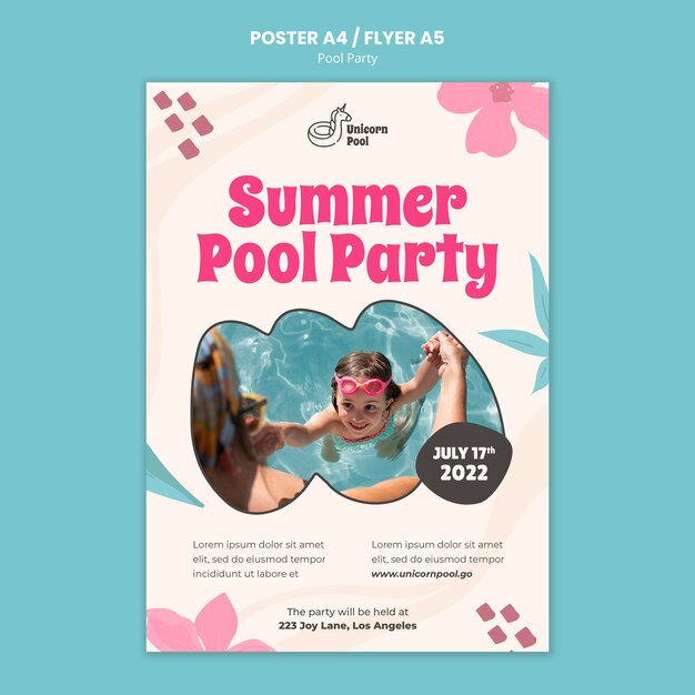 Modelo de cartaz de festa na piscina de design plano