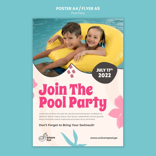 Modelo de cartaz de festa na piscina de design plano