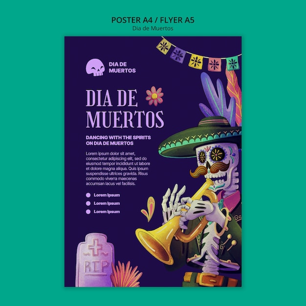 PSD grátis modelo de cartaz desenhado à mão dia de muertos