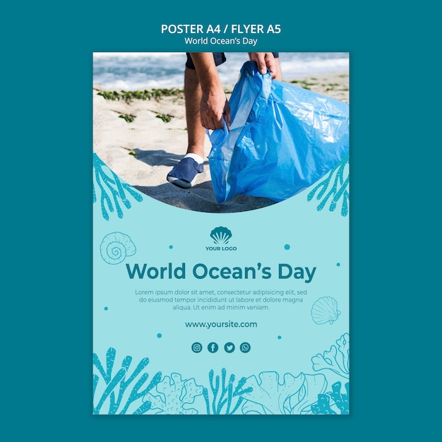 PSD grátis modelo de cartaz do dia mundial do oceano