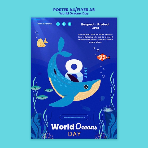 PSD grátis modelo de cartaz do dia mundial do oceano