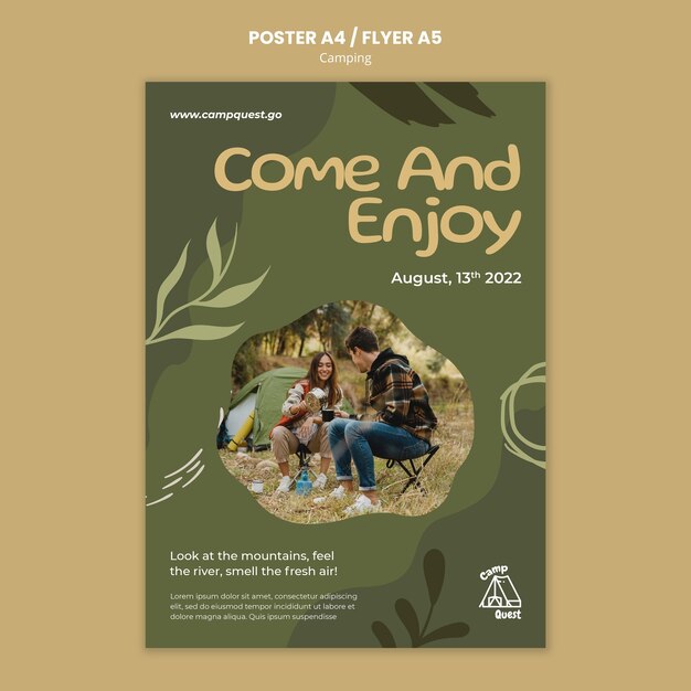 Modelo de cartaz vertical de acampamento com vegetação