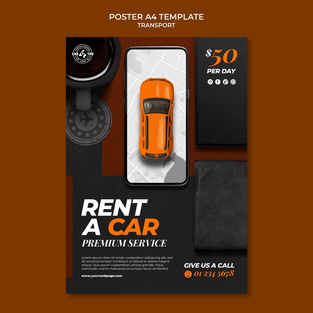 Modelo de cartaz vertical de aluguel de carros com carro de brinquedo