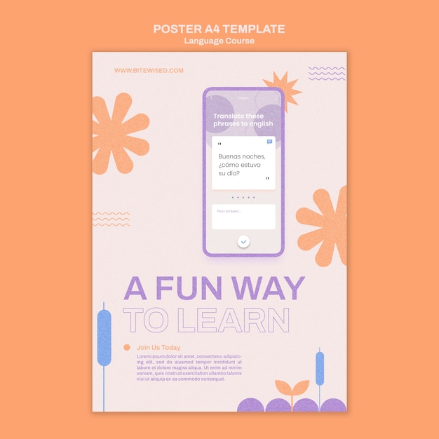 PSD grátis modelo de cartaz vertical de aulas de língua estrangeira em estilo floral