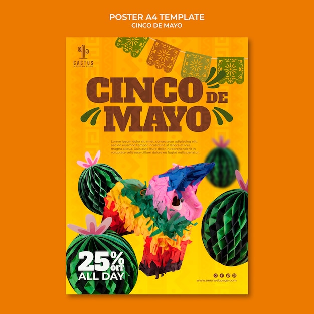 Modelo de cartaz vertical de cinco de maio com cacto