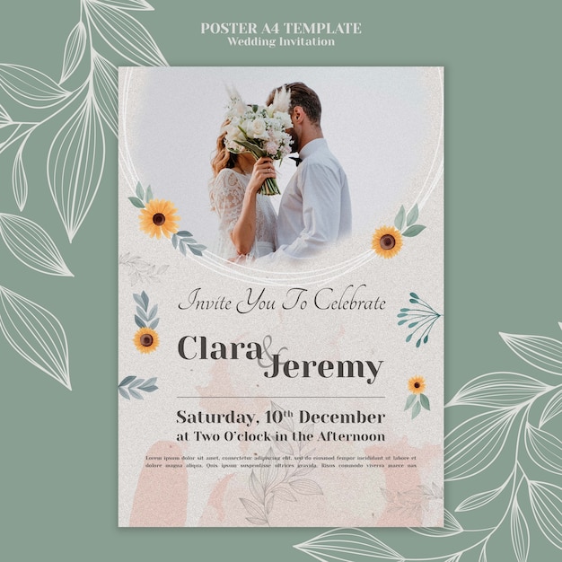 PSD grátis modelo de cartaz vertical de convite de casamento com casal e flores