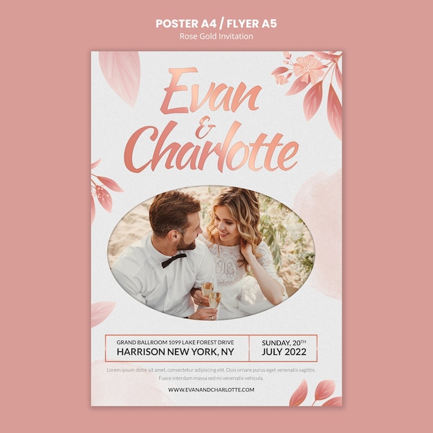 PSD grátis modelo de cartaz vertical de convite de casamento de ouro rosa com folhas