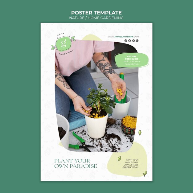 Modelo de cartaz vertical de cultivo e cuidados de plantas em vasos internos
