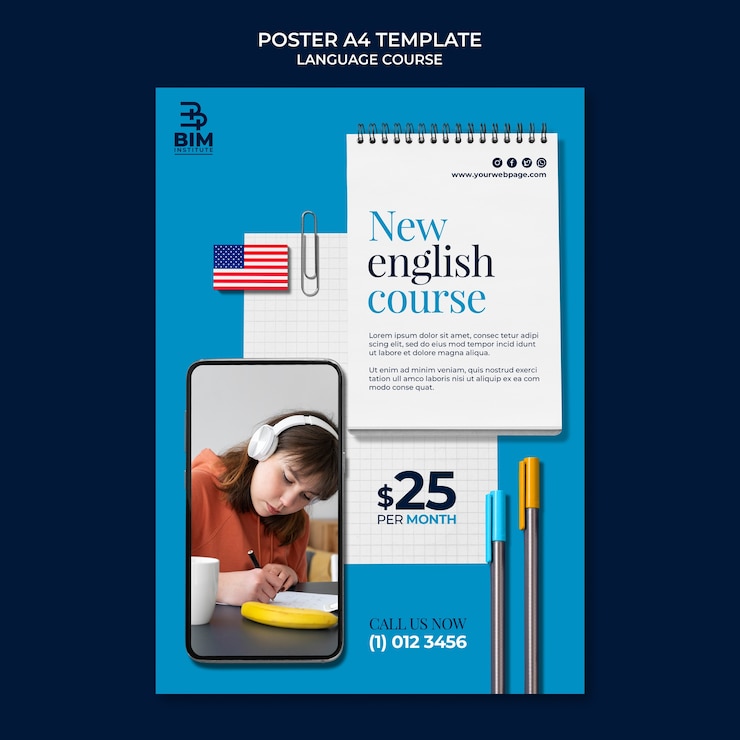 PSD grátis modelo de cartaz vertical de cursos de idiomas com material escolar