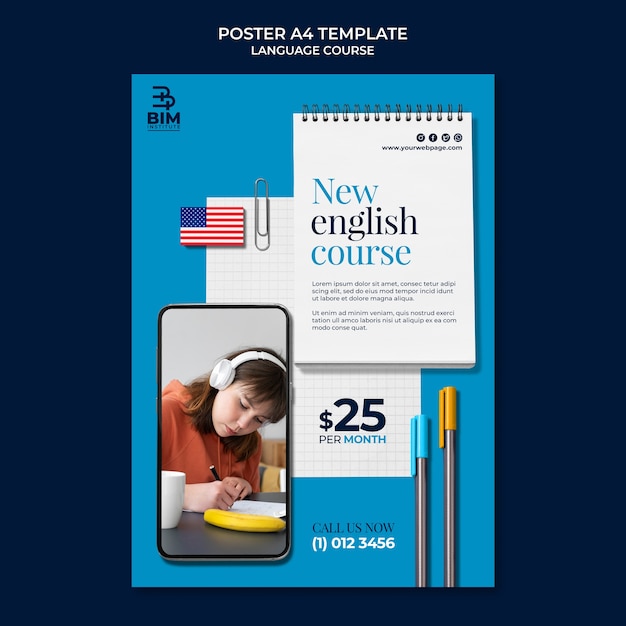 Modelo de cartaz vertical de cursos de idiomas com material escolar