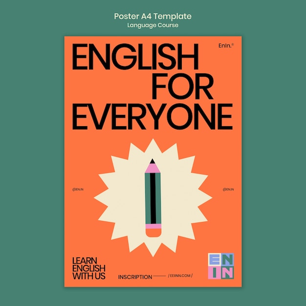 Modelo de cartaz vertical de cursos de inglês em estilo retrô