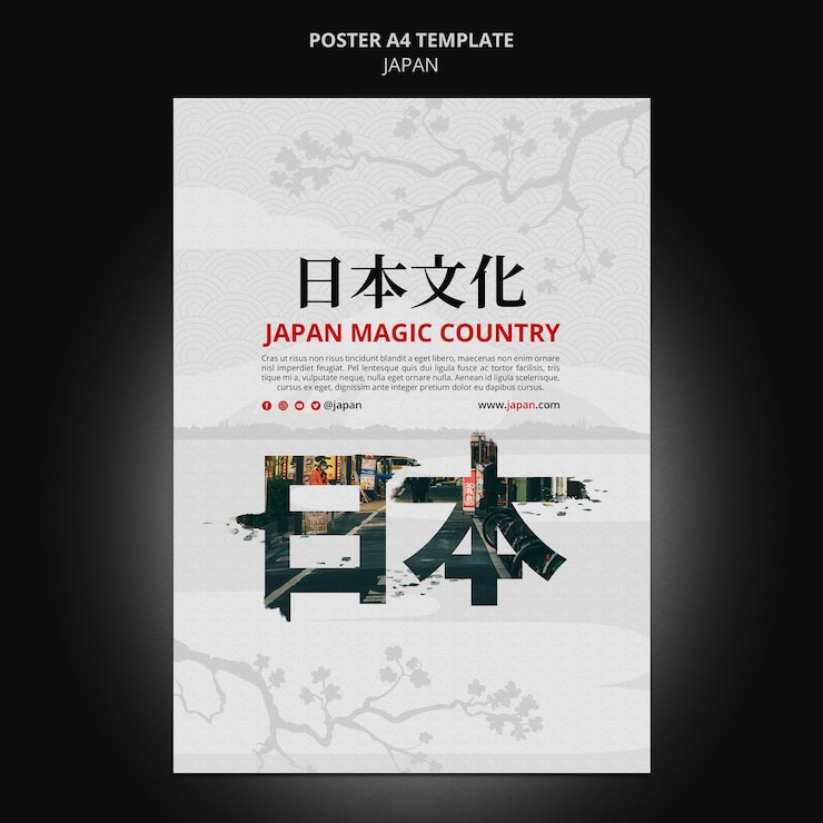 PSD grátis modelo de cartaz vertical de destino de viagem no japão com símbolos japoneses