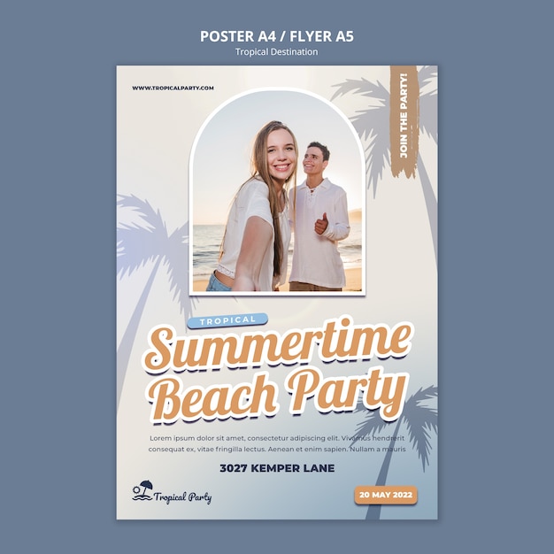 Modelo de cartaz vertical de destino tropical com palmeiras