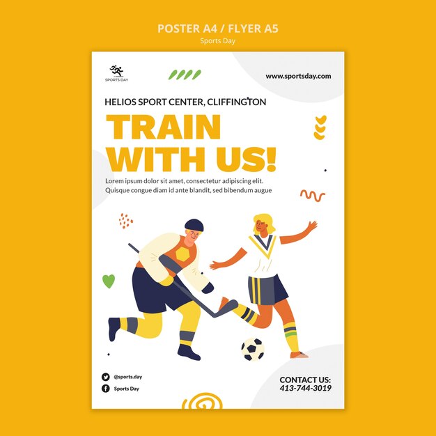 Modelo de cartaz vertical de esportes com pessoas praticando esportes
