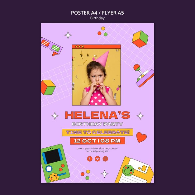 Modelo de cartaz vertical de festa de aniversário infantil