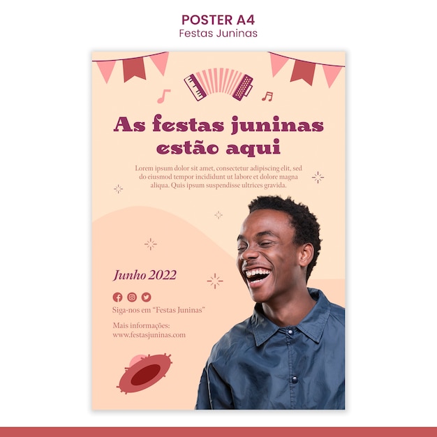 Modelo de cartaz vertical de festas juninas com emoção de pessoa