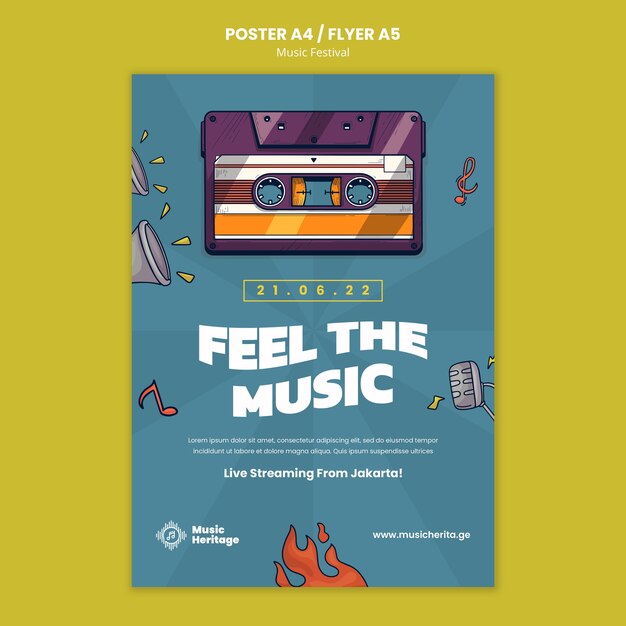 Modelo de cartaz vertical de festival de música com cassete desenhada à mão