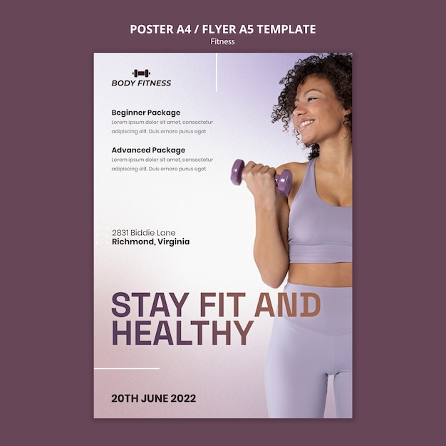 Modelo de cartaz vertical de fitness com mulher e halteres