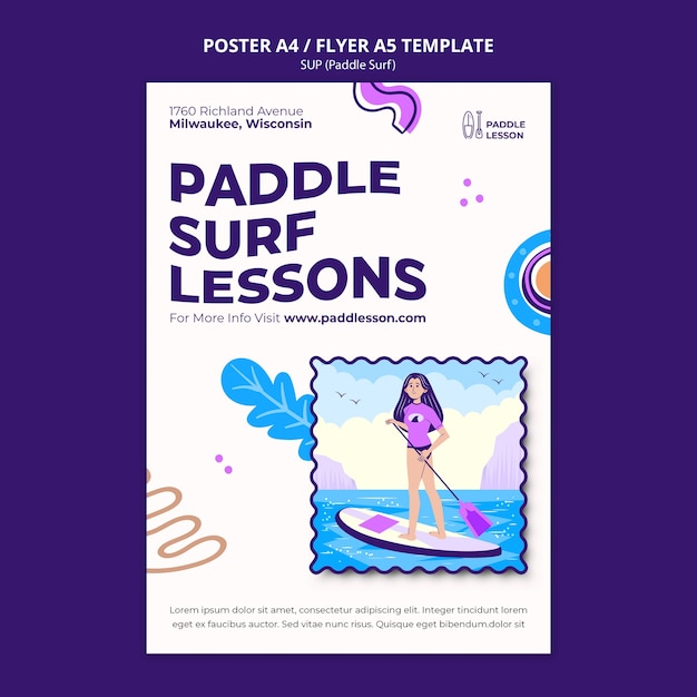 Modelo de cartaz vertical de paddle surf com formas abstratas