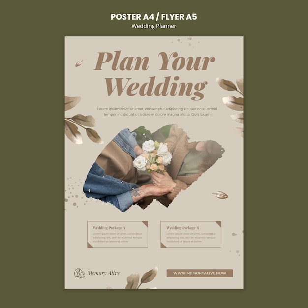 PSD grátis modelo de cartaz vertical de planejador de casamento com folhas de aquarela