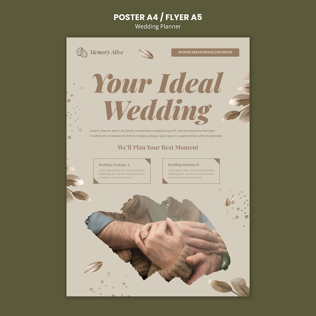 PSD grátis modelo de cartaz vertical de planejador de casamento com folhas de aquarela