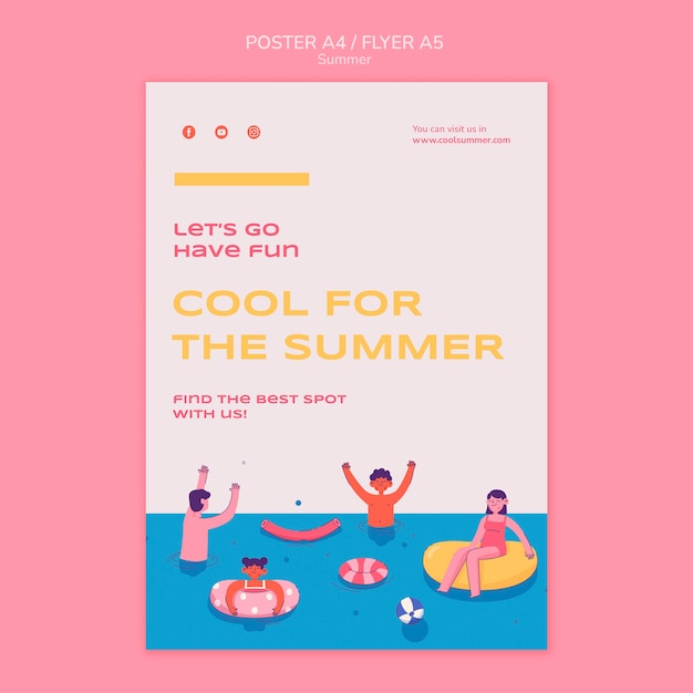Modelo de cartaz vertical de verão com pessoas na piscina
