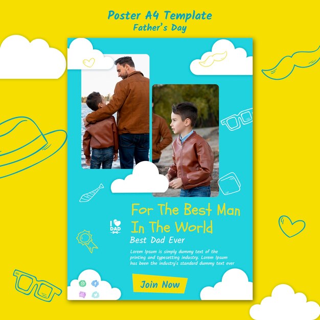 Modelo de cartaz vertical do dia dos pais com homem e filho