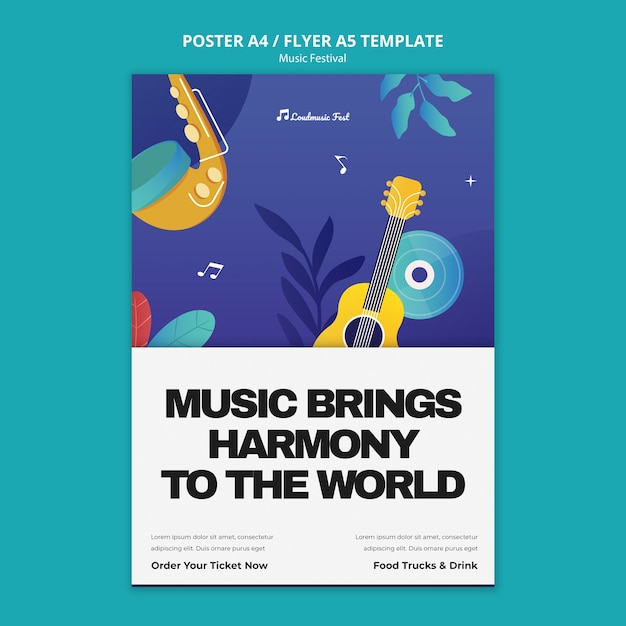PSD grátis modelo de cartaz vertical do festival de música com instrumentos musicais