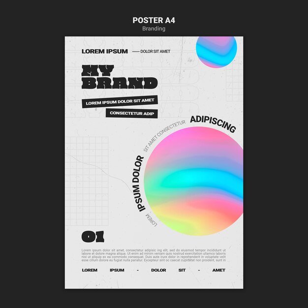 Modelo de cartaz vertical para a marca da empresa com forma de círculo colorido