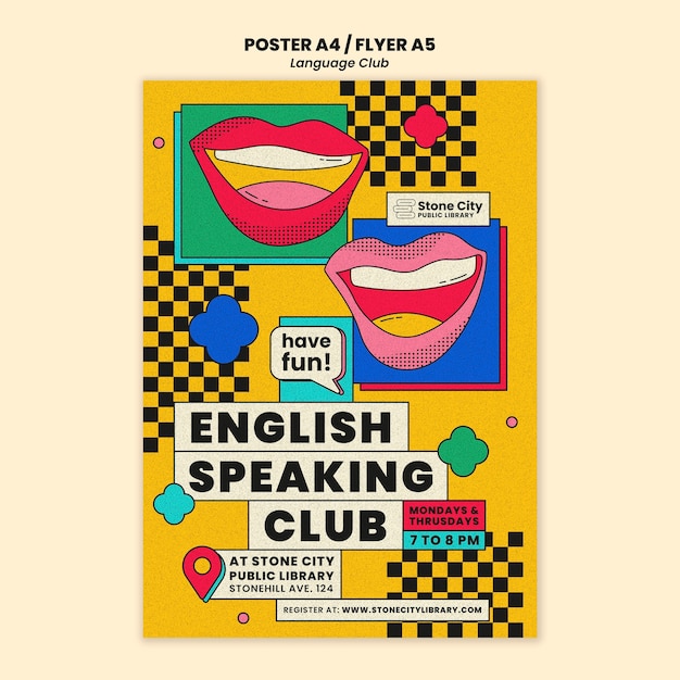 PSD grátis modelo de cartaz vertical para clube de língua inglesa