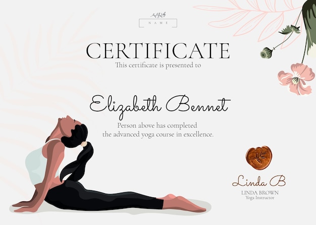 Modelo de certificado de ioga floral psd em estilo feminino