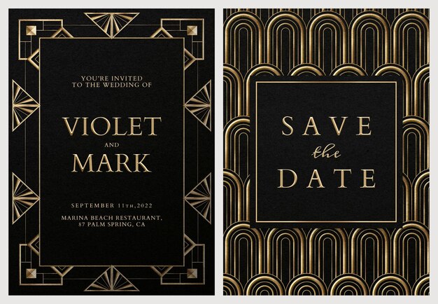 Modelo de conjunto de cartão de convite de casamento psd com estilo geométrico art déco em fundo escuro
