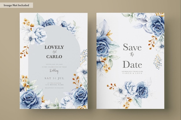 modelo de convite com elegantes rosas azuis brancas em aquarela