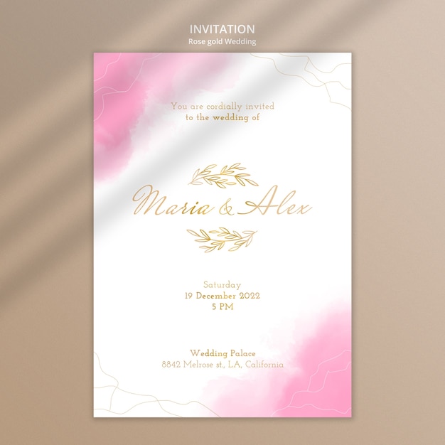 Modelo de convite de casamento de ouro rosa aquarela