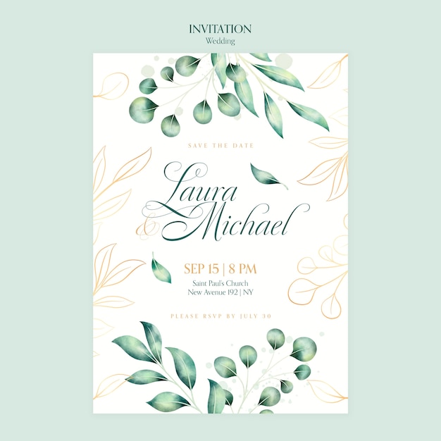 Modelo de convite de casamento em aquarela