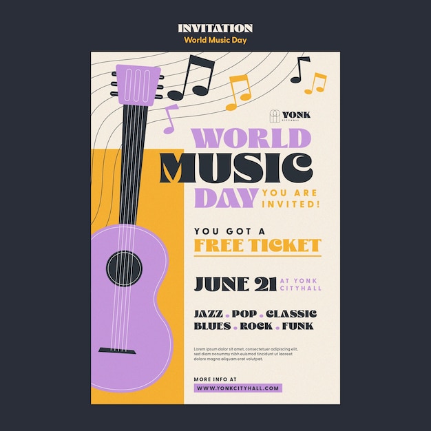 Modelo de convite de evento para celebração do dia mundial da música
