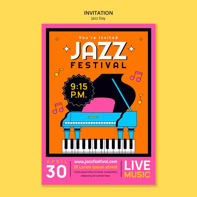 Modelo de convite para a celebração do dia do jazz.