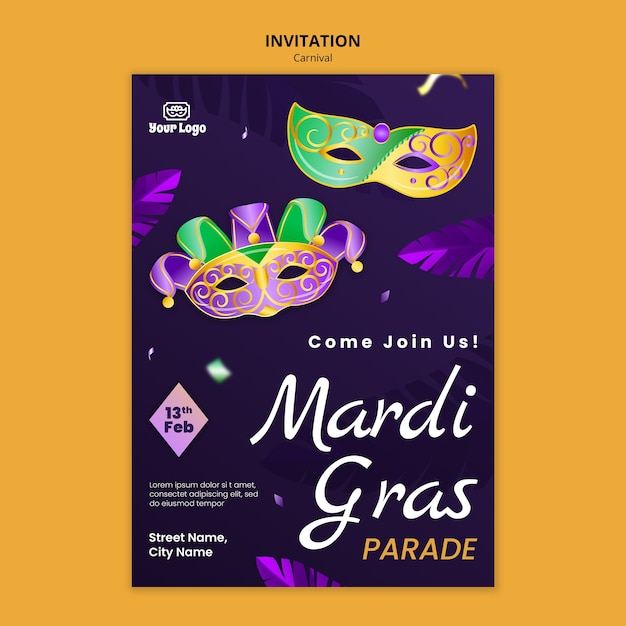 PSD grátis modelo de convite para a celebração do mardi gras