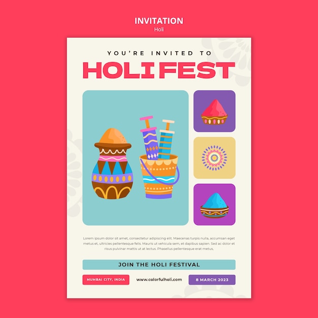 PSD grátis modelo de convite para celebração do festival holi