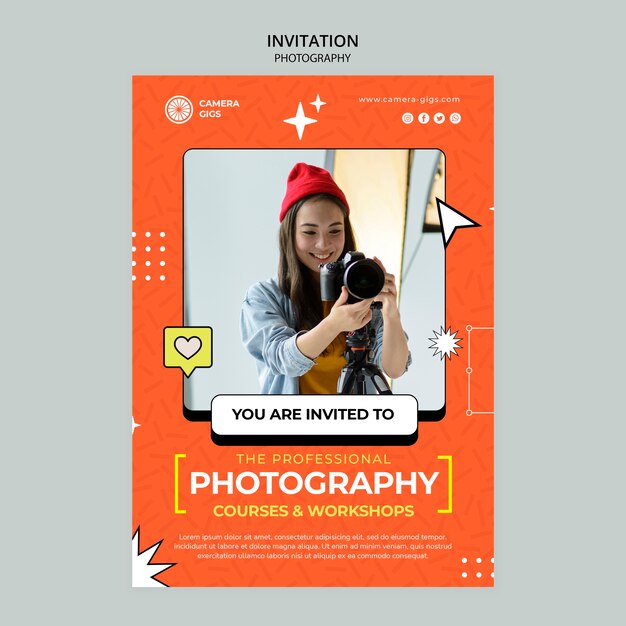 Modelo de convite para oficina de aulas de fotografia