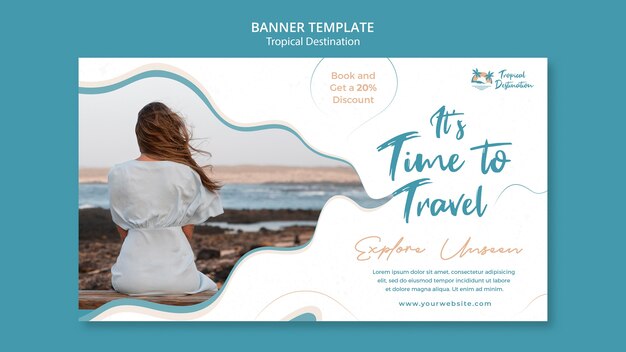 Modelo de design de banner de destino tropical de design plano