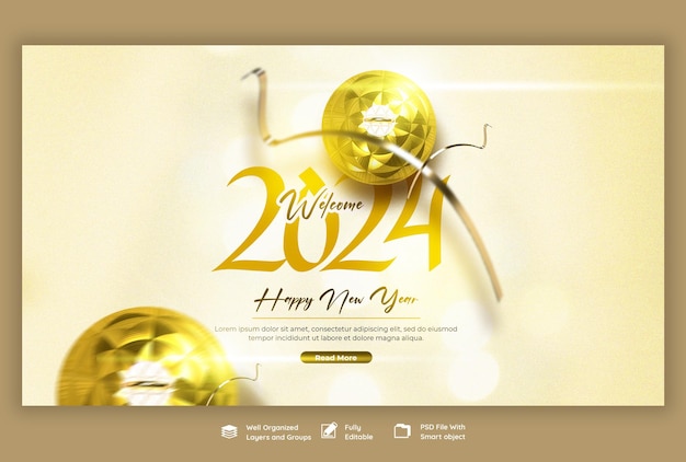 Modelo de design de banner web de celebração do ano novo 2024